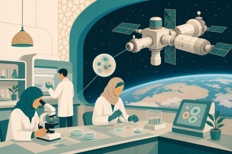 Editorial illustration of researchers studying cells and space medicine beside a space station.
