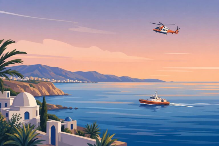 A respectful editorial illustration of rescue operations at sea near the Tunisian coast.