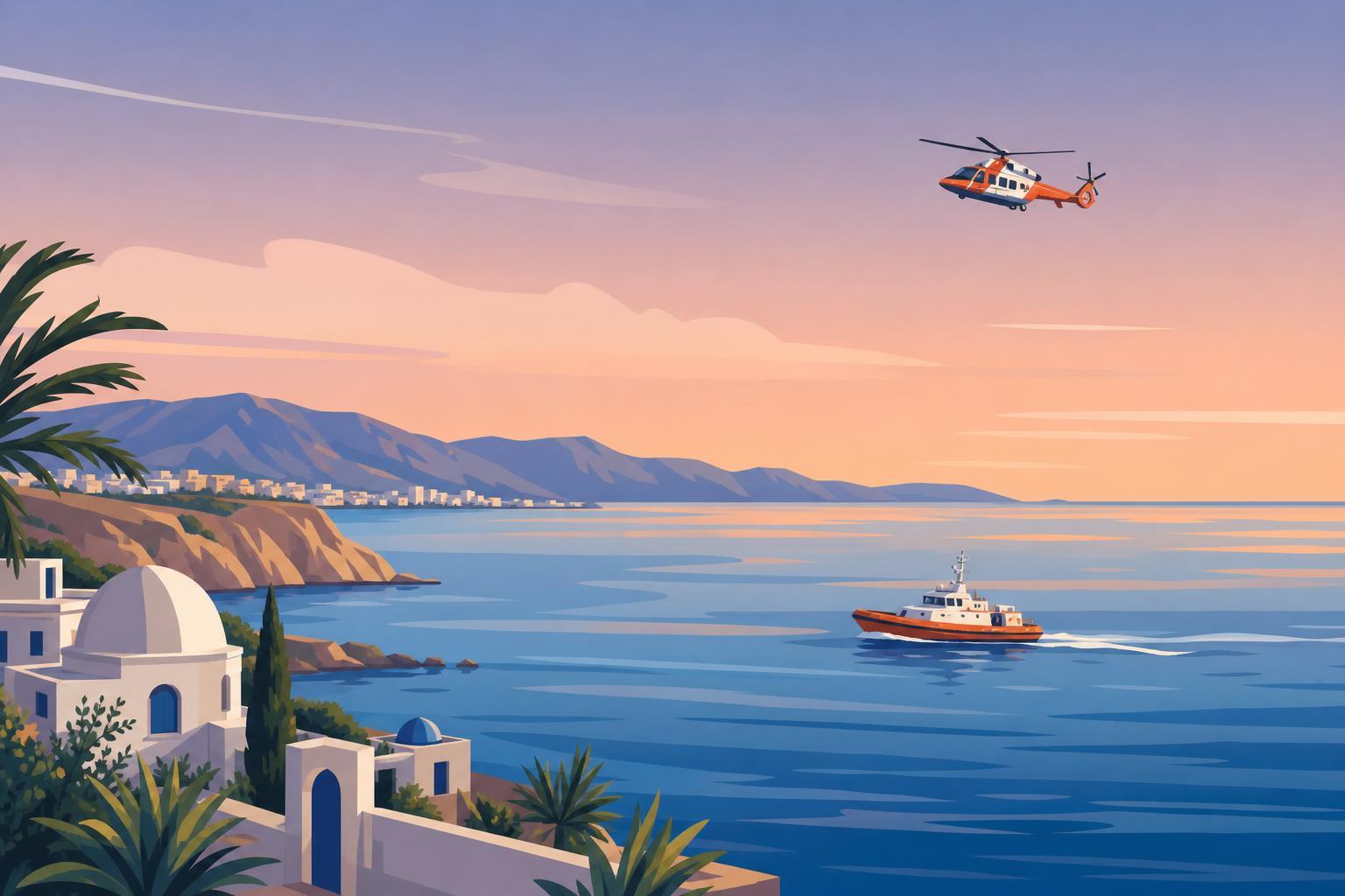 A respectful editorial illustration of rescue operations at sea near the Tunisian coast.