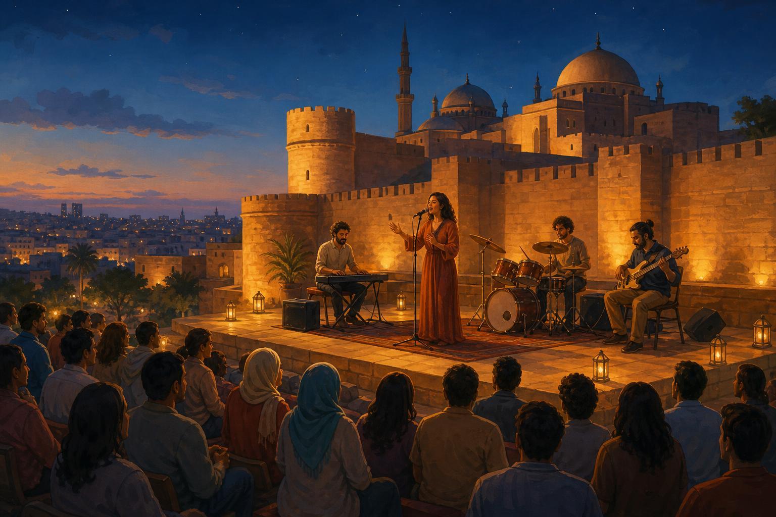 Editorial illustration of a drummer, band, and singer performing at an evening concert in Cairo Citadel