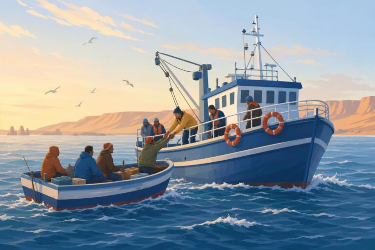 Editorial illustration of fishermen being rescued onto a fishing vessel off the coast near Dakhla, Morocco.