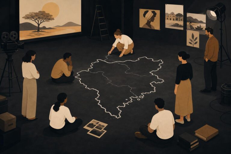 An editorial illustration of abstract people around a white-line map on a dark studio floor.