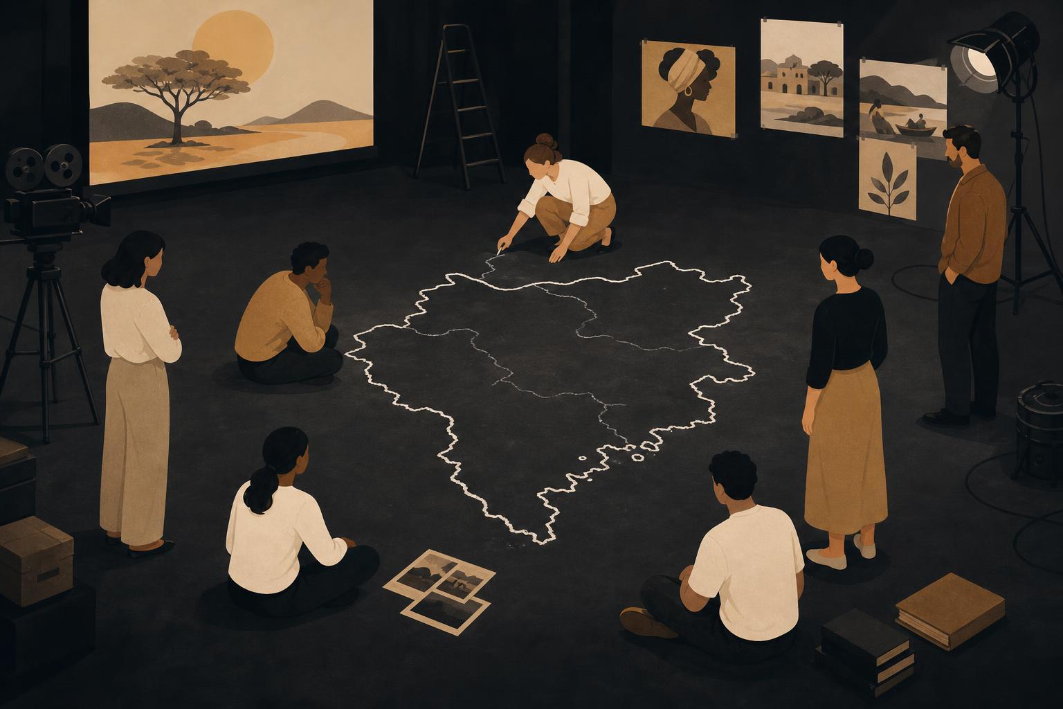 An editorial illustration of abstract people around a white-line map on a dark studio floor.