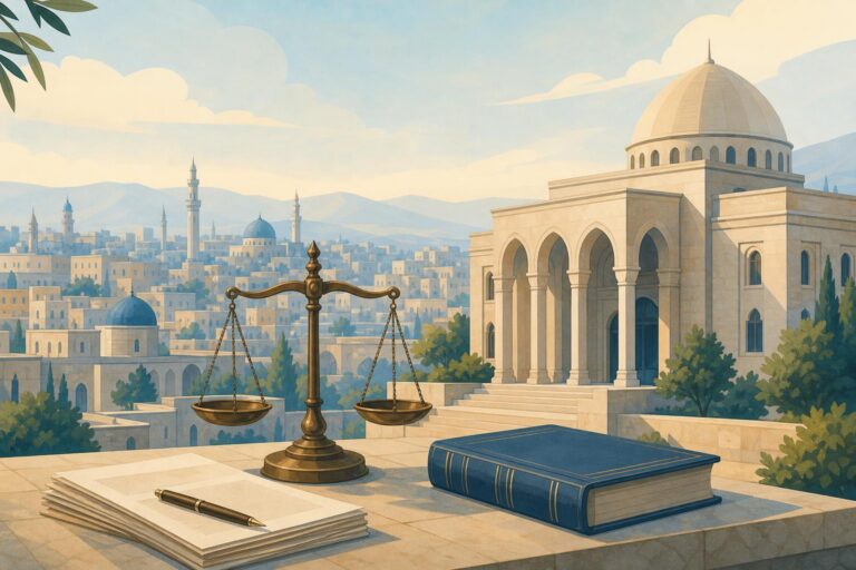 An editorial illustration of a Damascus courthouse, justice scales, and official documents.