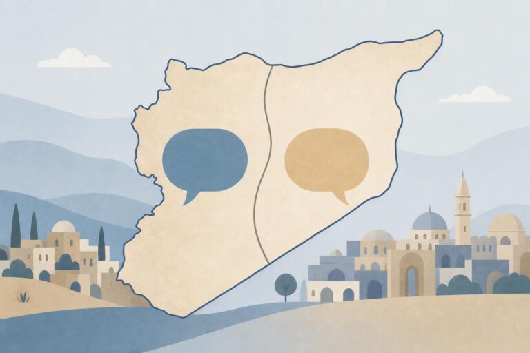 An abstract editorial illustration representing possible renewed dialogue involving Syria.