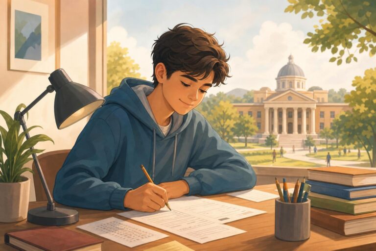 An illustrated student with exam papers and books celebrates academic recognition and a scholarship opportunity.