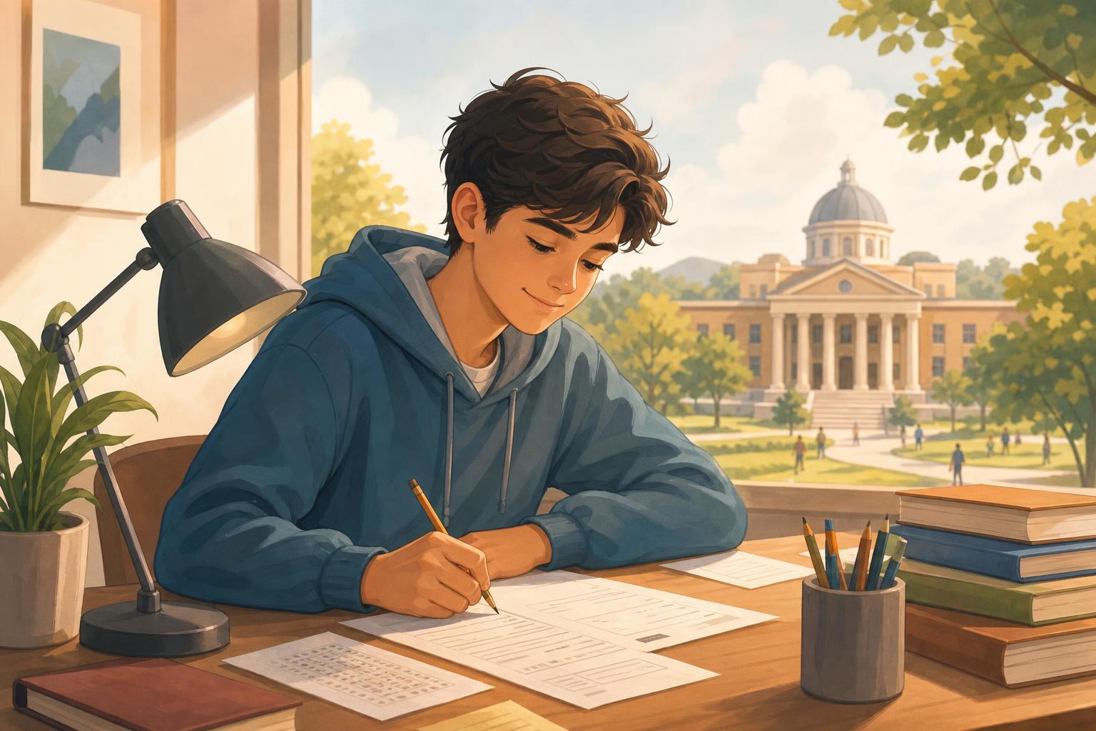 An illustrated student with exam papers and books celebrates academic recognition and a scholarship opportunity.