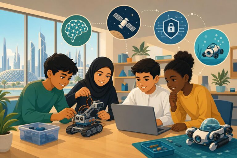 Illustration of school-age learners working together on coding and robotics projects in a modern classroom.