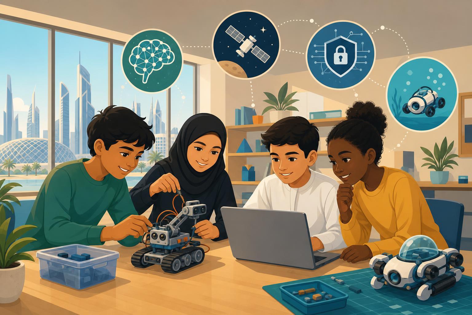 Illustration of school-age learners working together on coding and robotics projects in a modern classroom.