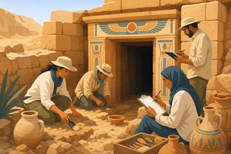 Editorial illustration of archaeologists documenting a tomb site in Egypt’s Bahariya Oasis