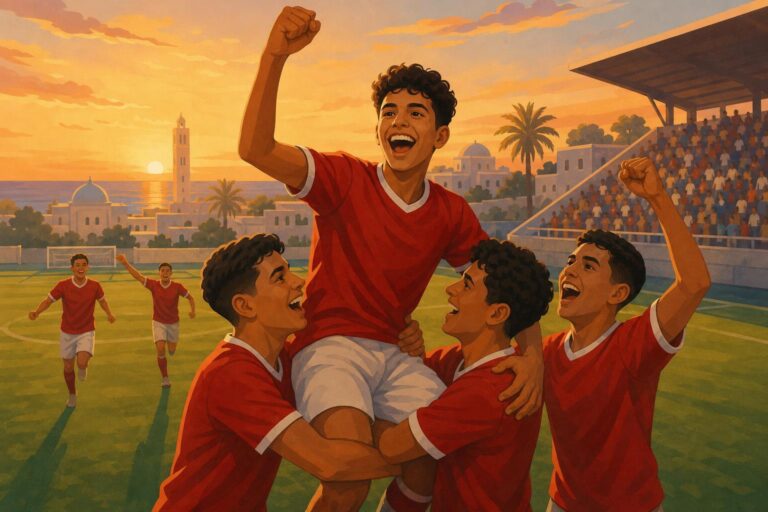 Illustration of Tunisian youth football players celebrating after a victory