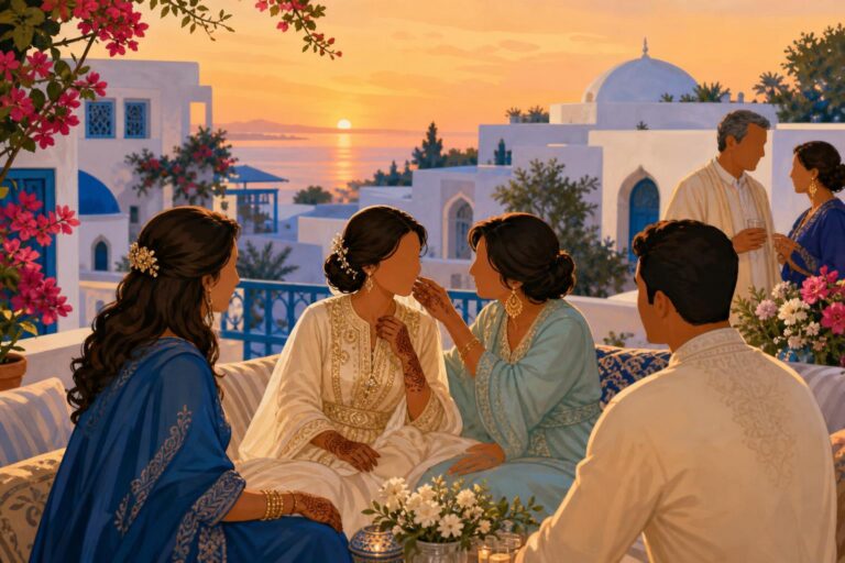 Illustration of relatives and friends celebrating at a Tunisian wedding near blue-and-white buildings.