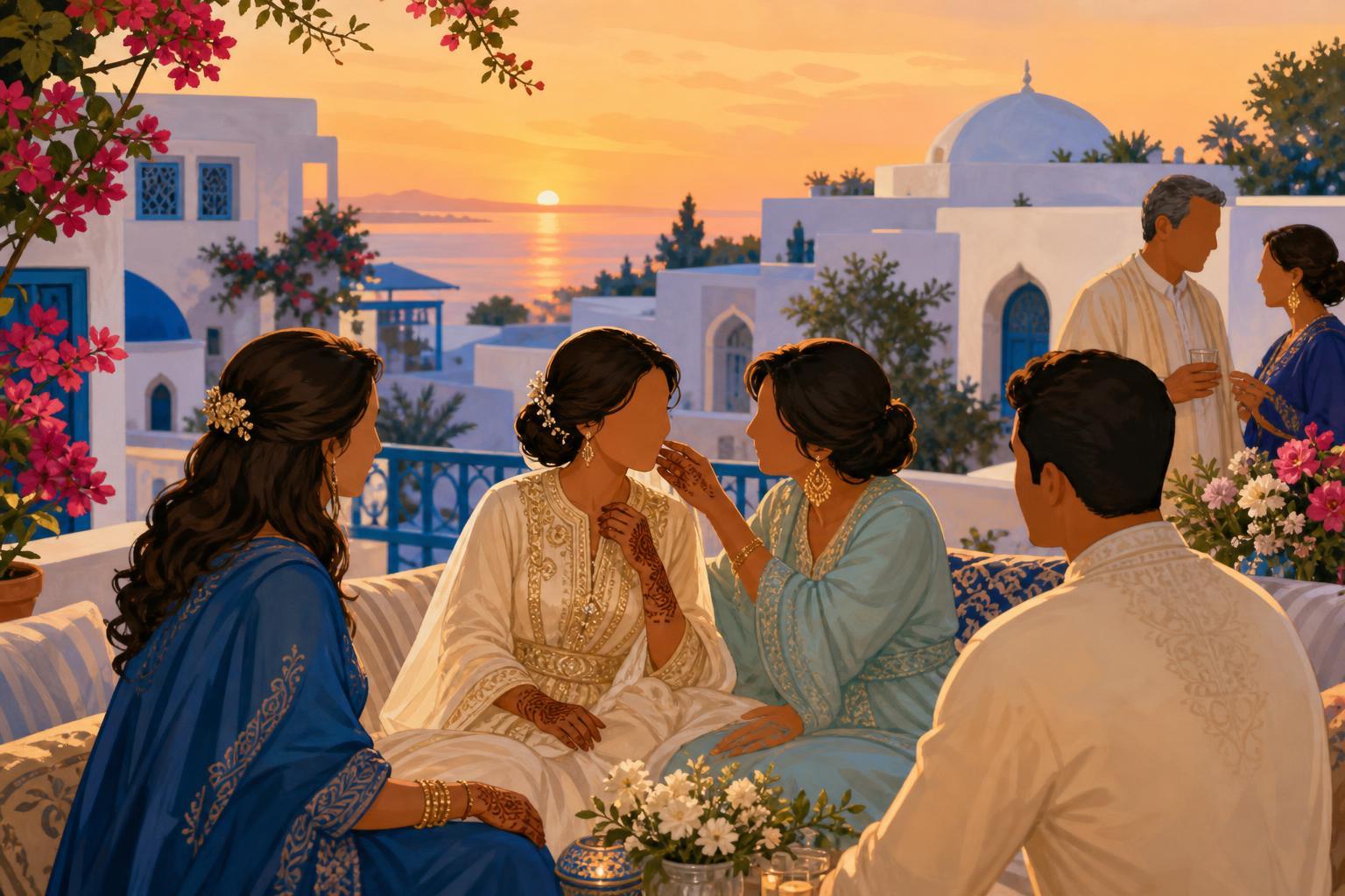 Illustration of relatives and friends celebrating at a Tunisian wedding near blue-and-white buildings.