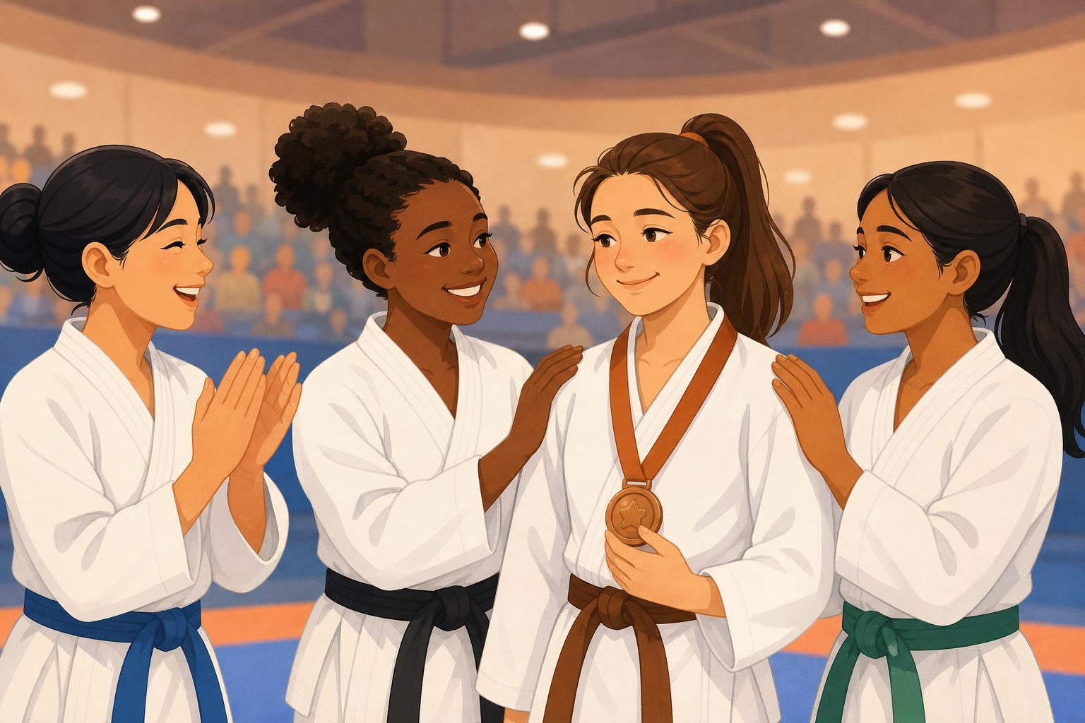 Editorial illustration of a young martial-arts athlete receiving a bronze medal in an indoor arena