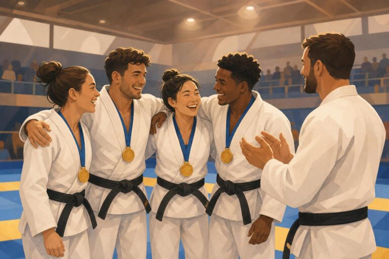 Jiu-jitsu athletes celebrating with medals in an indoor sports arena