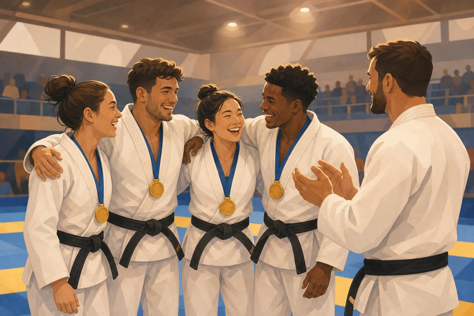 Jiu-jitsu athletes celebrating with medals in an indoor sports arena