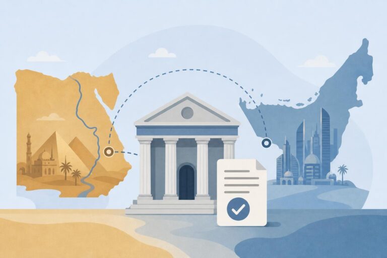 Editorial illustration of banking links between Egypt and the United Arab Emirates under review