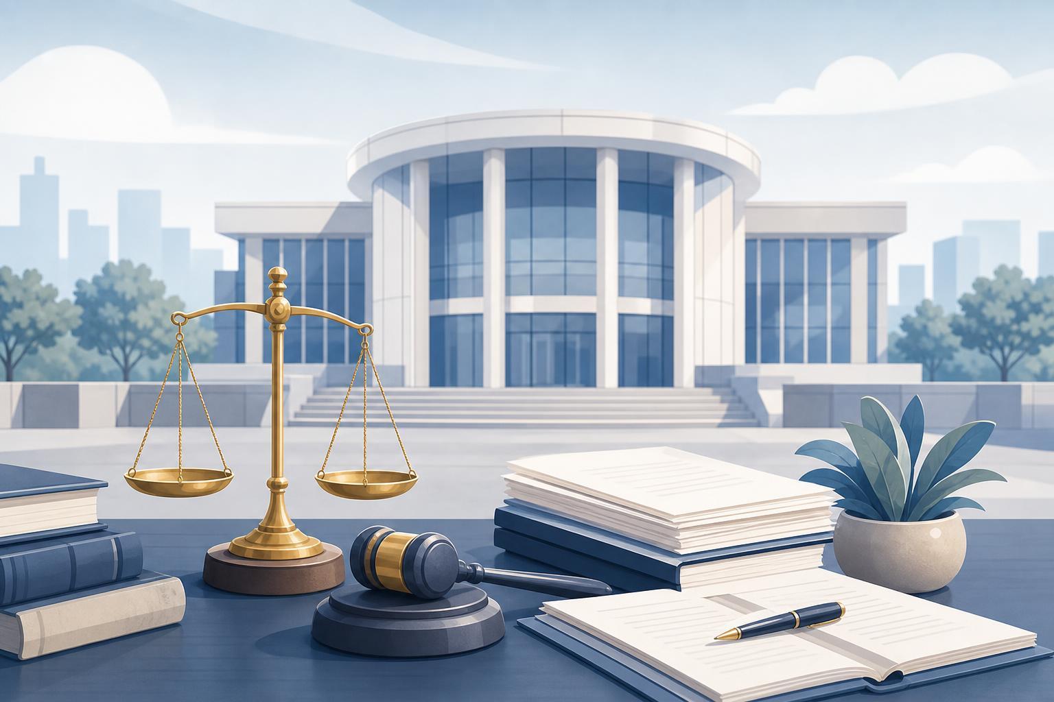 A calm editorial illustration of an international courthouse with scales and legal documents