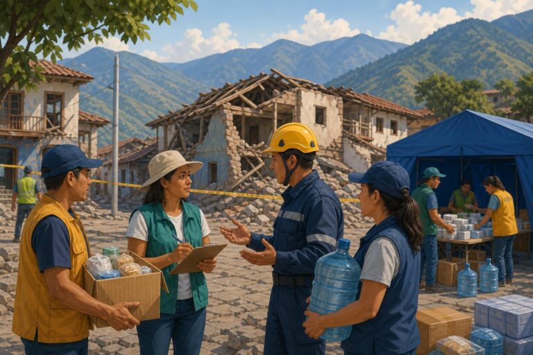 Editorial illustration of rescue workers and volunteers coordinating earthquake relief in western Colombia
