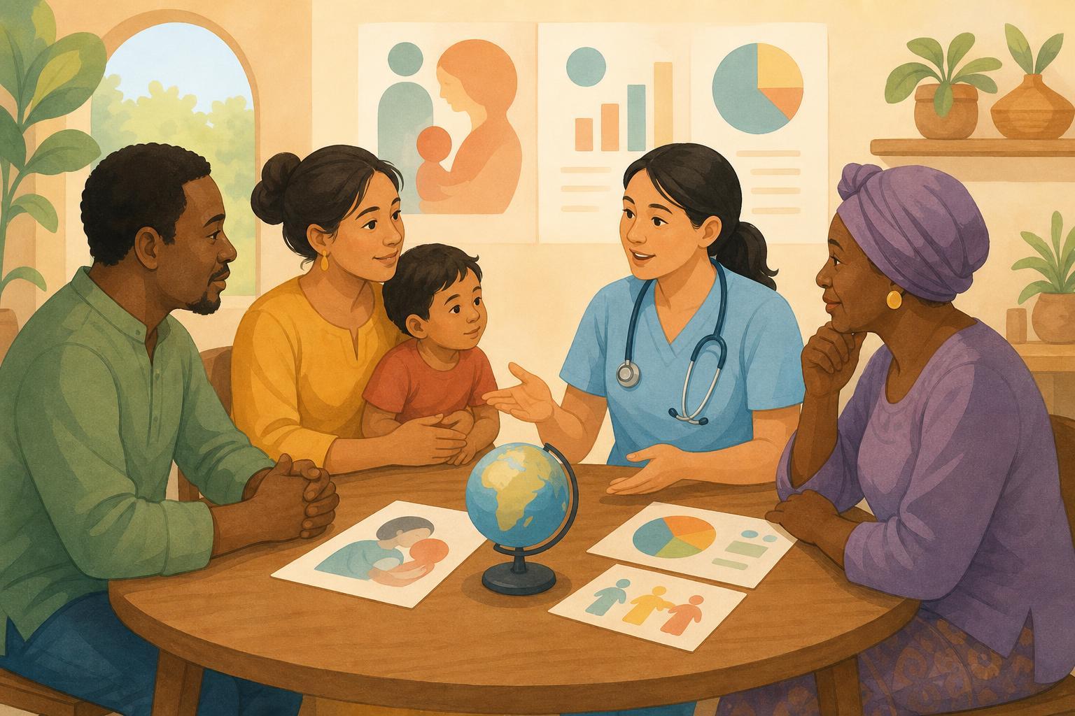 Editorial illustration of parents and health workers discussing breastfeeding support and child health.