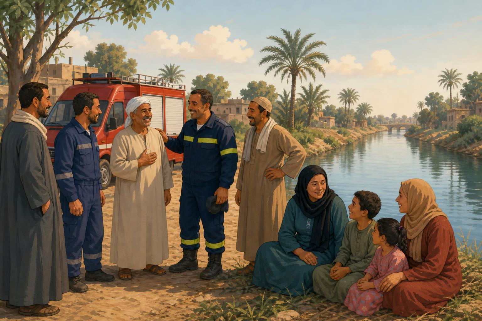 Editorial illustration of community members and a family safely gathered beside a rural canal in Egypt after a rescue