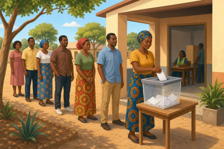 Illustration of voters waiting calmly outside a polling station in Zambia.