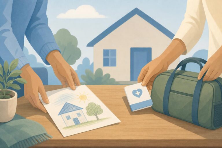 Editorial illustration of parents organising school, health, and travel items for a child