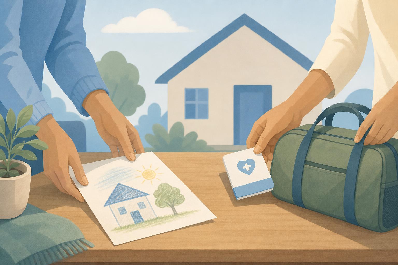 Editorial illustration of parents organising school, health, and travel items for a child
