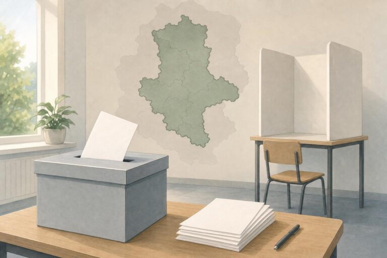 Editorial illustration of a polling station and ballot box for a regional election in Saxony-Anhalt, Germany.