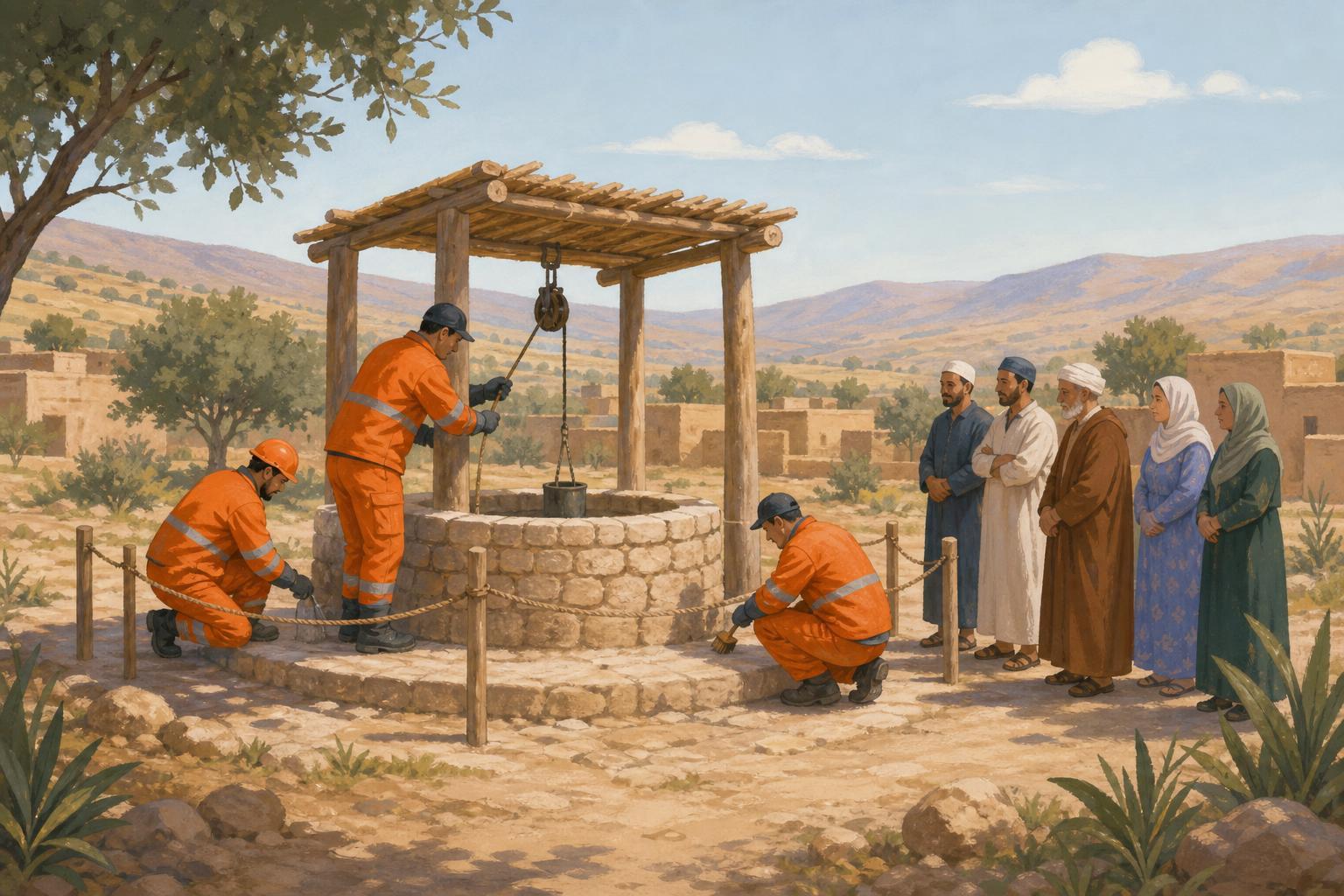A gentle editorial illustration of civil-protection workers near a rural well while neighbours wait at a respectful distance in Algeria.