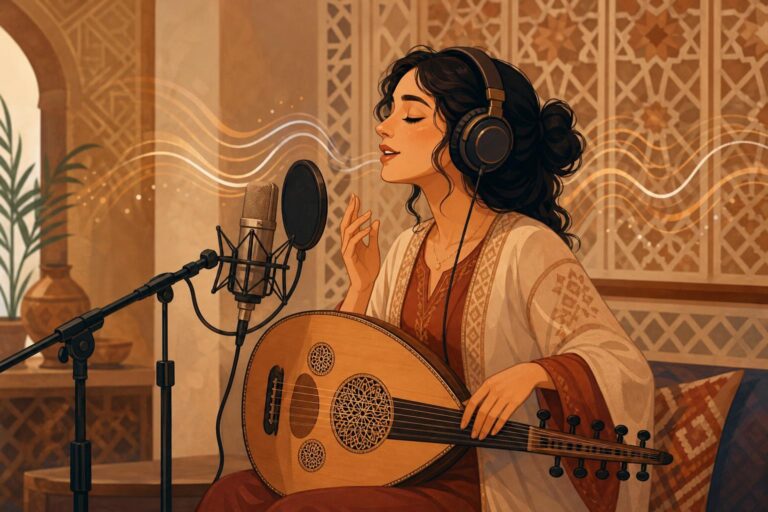 Editorial illustration of a singer recording an album inspired by Syrian folk music