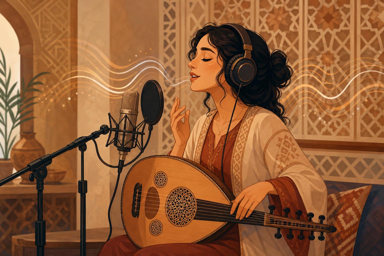 Editorial illustration of a singer recording an album inspired by Syrian folk music
