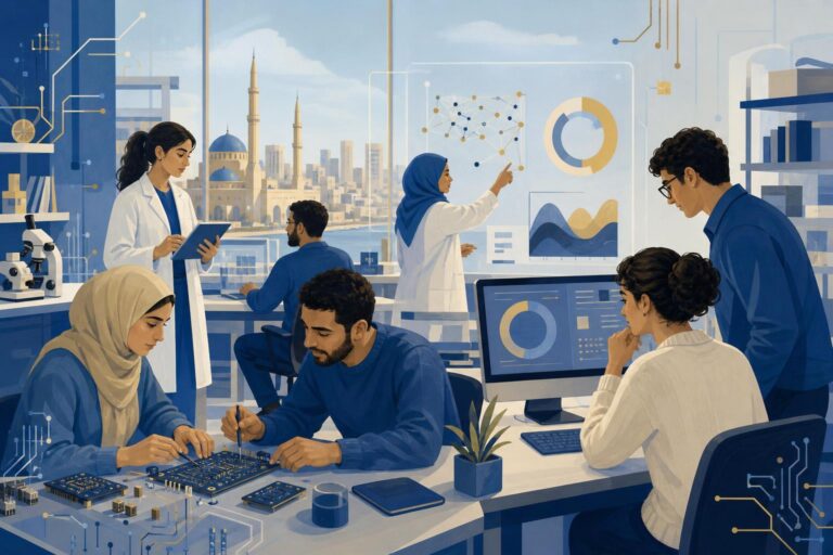 Illustration of researchers and students using artificial intelligence and data science tools at a university in Beirut.
