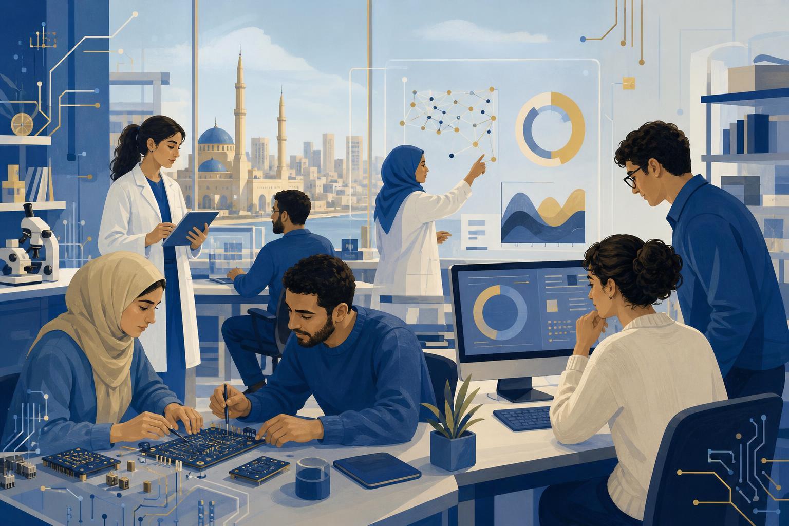 Illustration of researchers and students using artificial intelligence and data science tools at a university in Beirut.