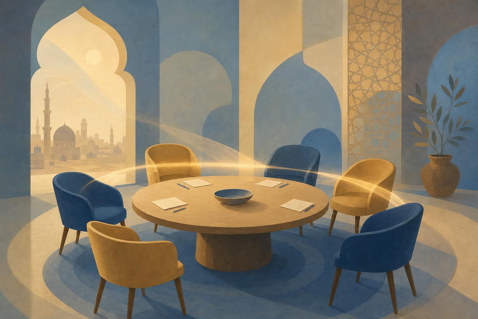 Abstract editorial illustration representing dialogue and restraint in the Middle East