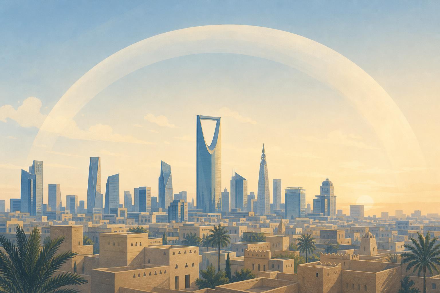 Editorial illustration of a calm Riyadh skyline beneath a soft abstract protective arc