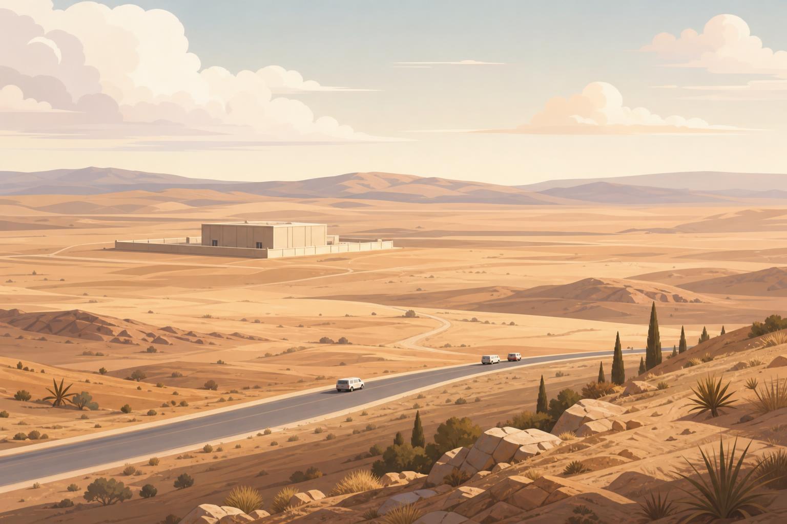 Illustrated Syrian desert landscape near a secured storage building in Deir Ezzor