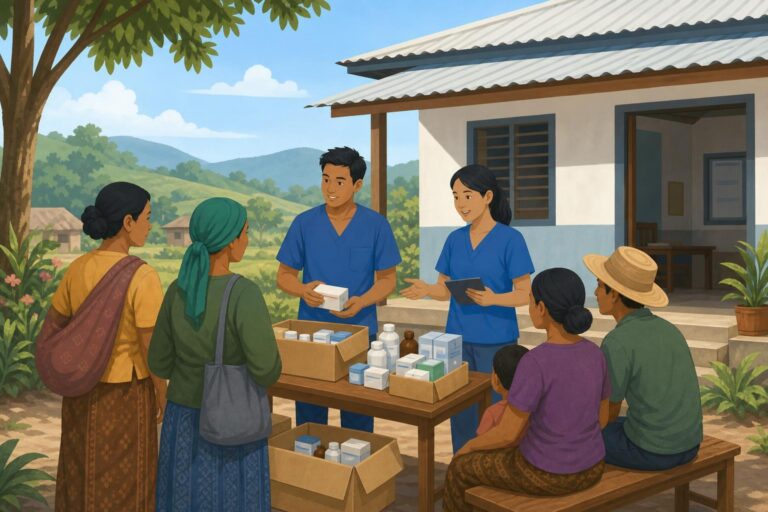 Illustration of health workers organizing supplies and speaking with residents outside a clinic.