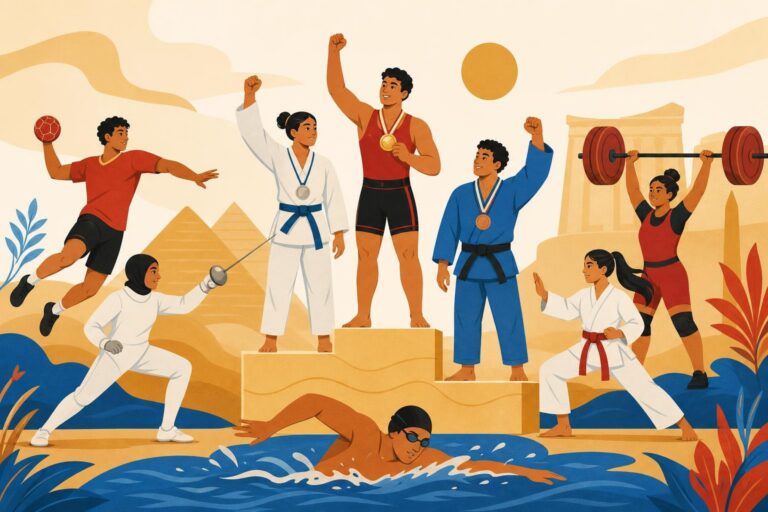 Illustration of Egyptian athletes celebrating medals in several sports.