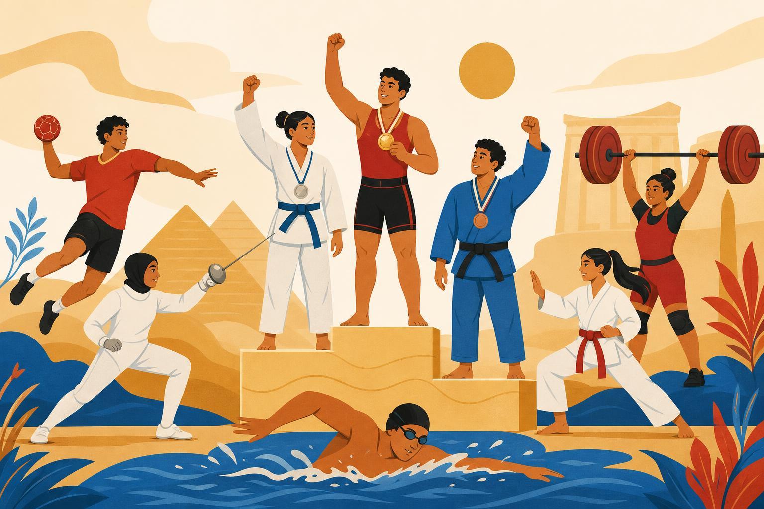 Illustration of Egyptian athletes celebrating medals in several sports.