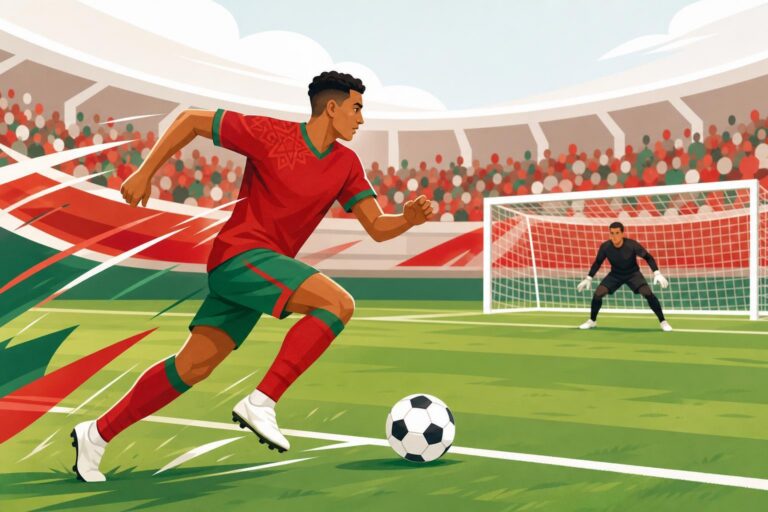An editorial illustration of a Moroccan football midfielder running with the ball in a stadium.