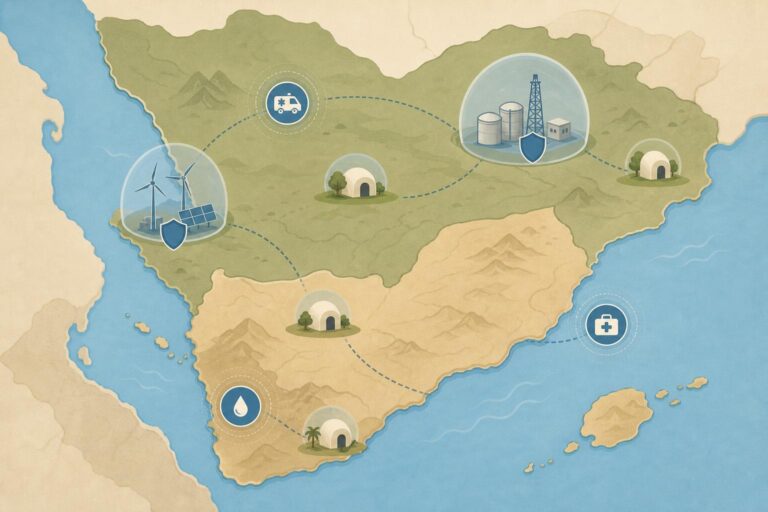 Editorial illustration about emergency response and civilian displacement in southern Saudi Arabia and Yemen