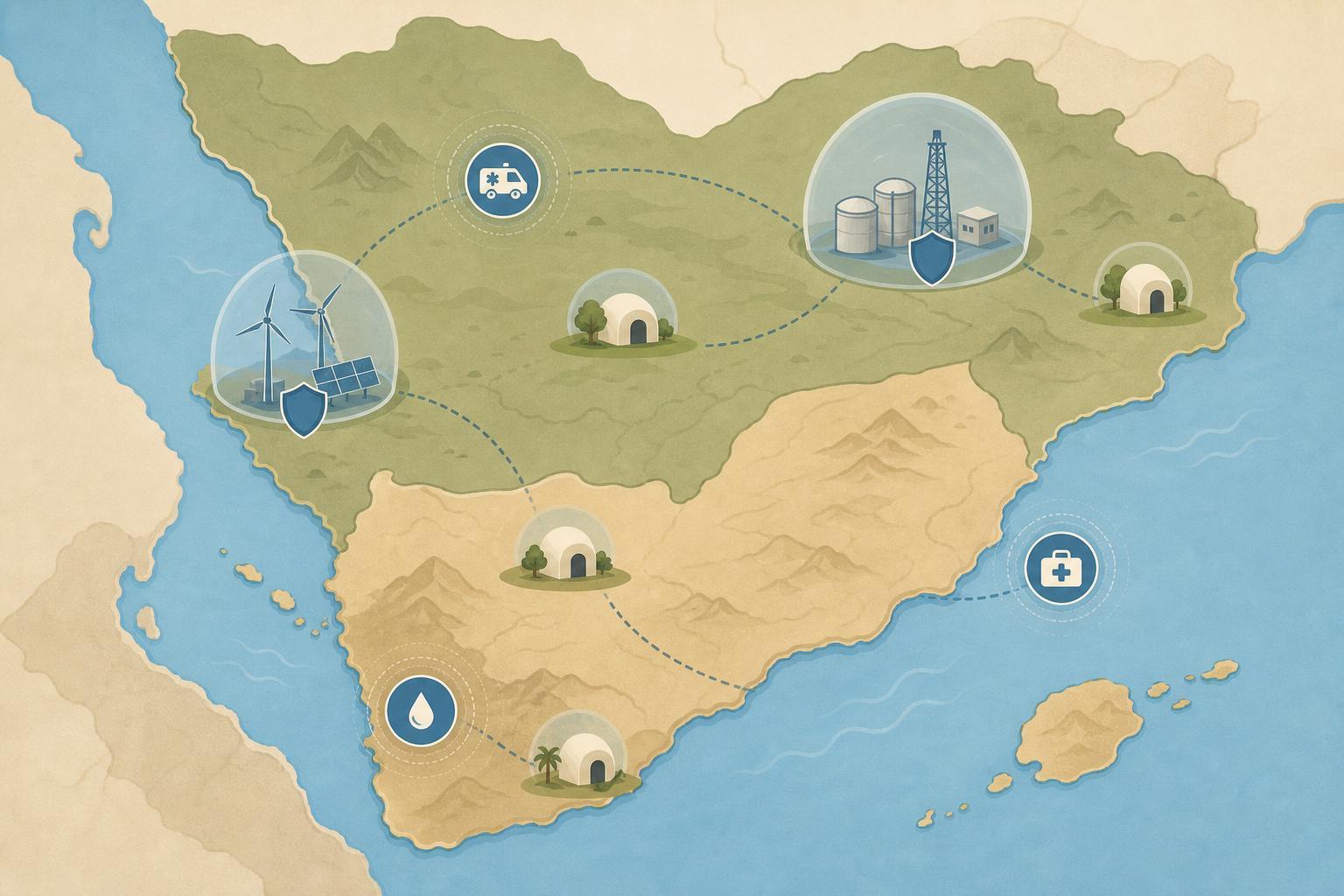 Editorial illustration about emergency response and civilian displacement in southern Saudi Arabia and Yemen