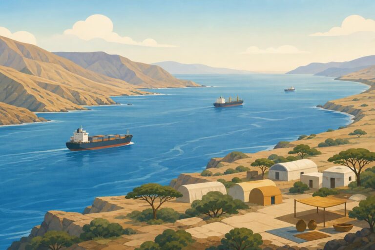 Editorial illustration of the Bab al-Mandeb Strait, cargo ships, and symbols of humanitarian shelter.