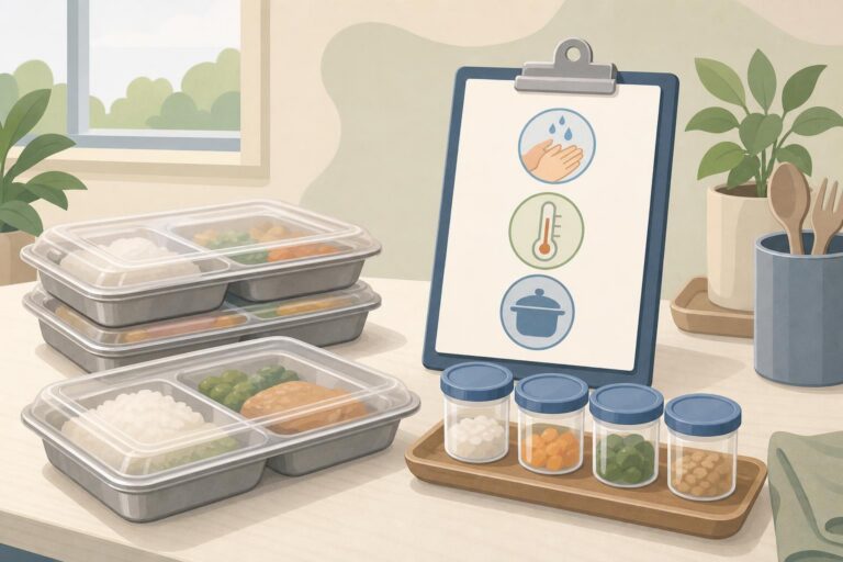 Editorial illustration of covered school meal trays and food-safety sample containers