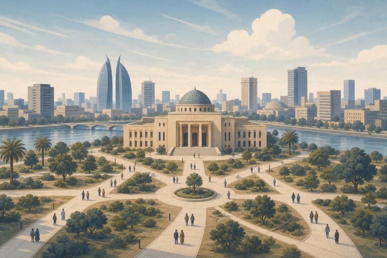 Editorial illustration of civic pathways leading to a government building in Baghdad, symbolizing dialogue and state authority.