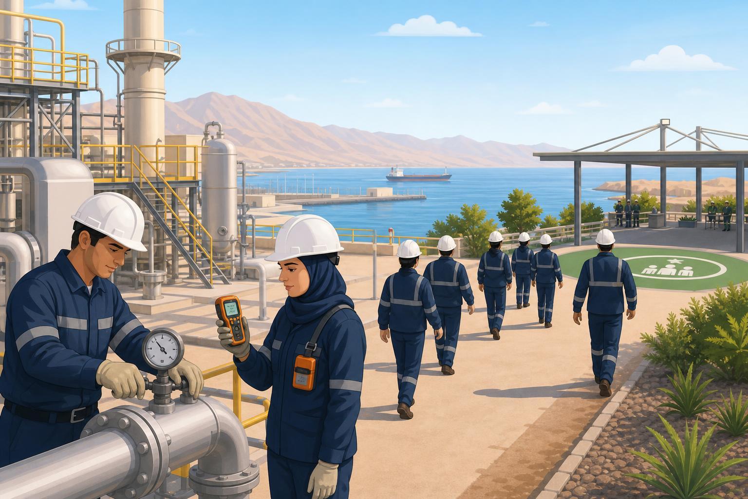 Editorial illustration of safety teams checking equipment at a coastal industrial facility in Aqaba.