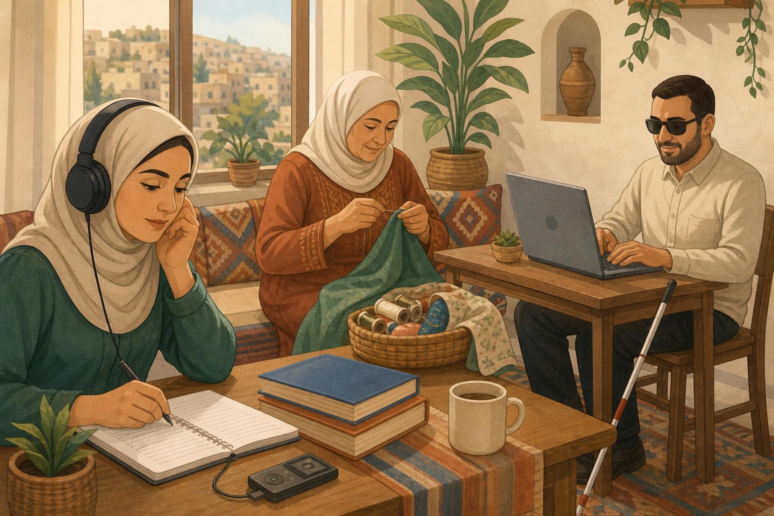 Editorial illustration of Jordanians with visual impairments studying, sewing, and using technology together.