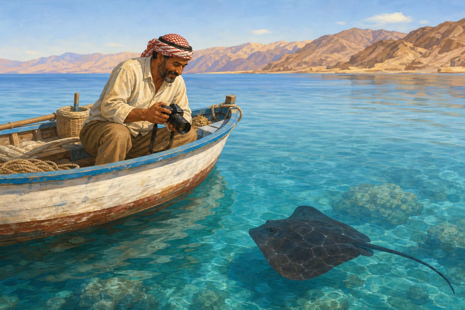 Illustration of a Jordanian fisherman documenting a stingray in the Gulf of Aqaba.