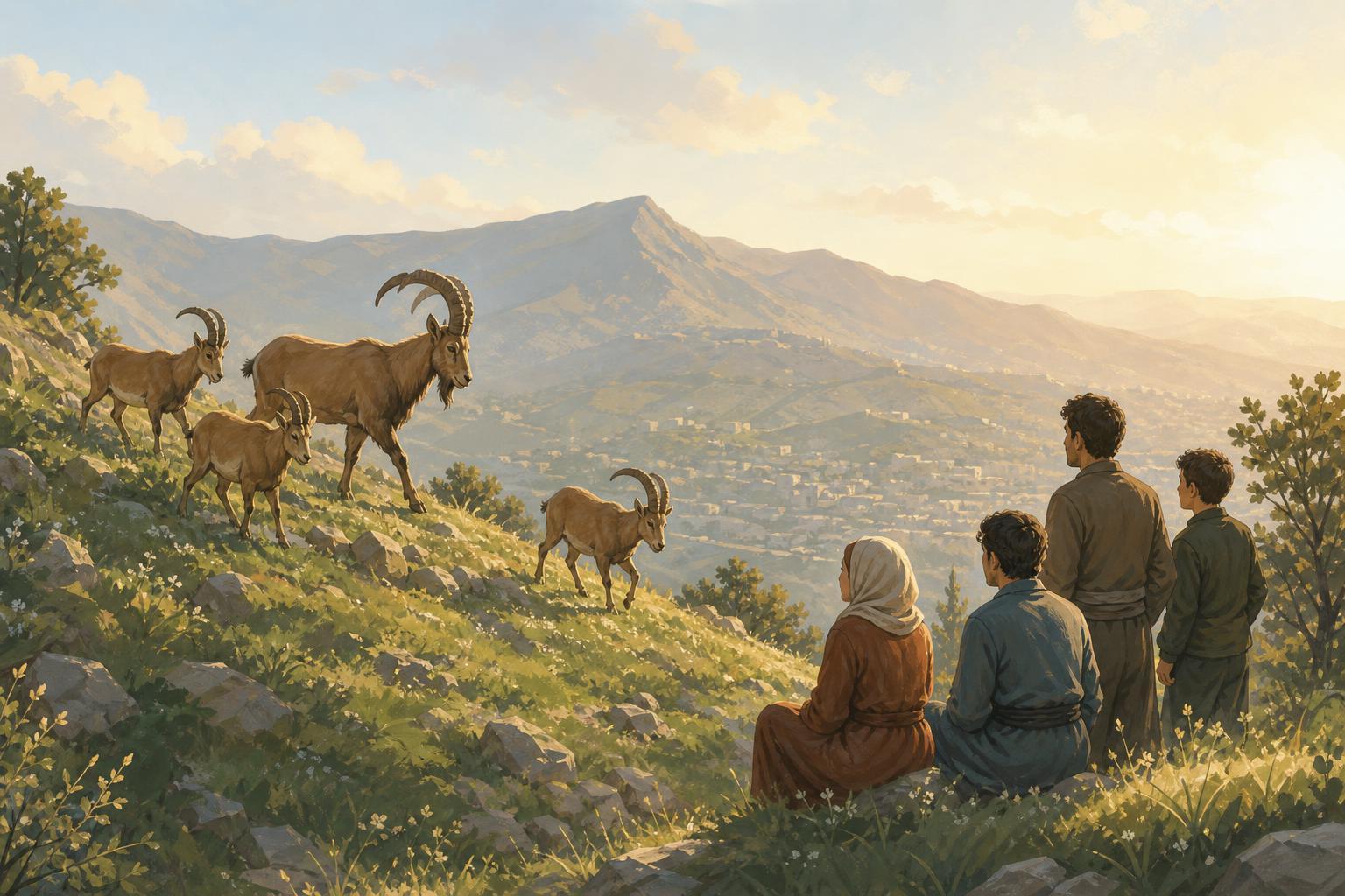 Illustration of mountain goats on a green hillside near Sulaymaniyah as local residents watch from a distance